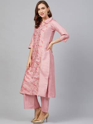 Pink printed art silk kurta set 4