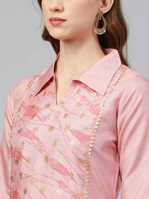 Pink printed art silk kurta set 5