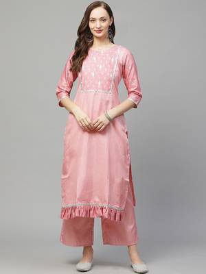 Pink printed art silk kurta set 1
