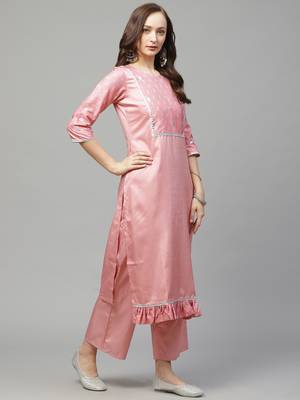 Pink printed art silk kurta set 3