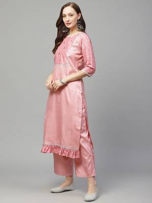 Pink printed art silk kurta set 4