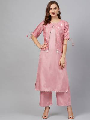 Pink printed art silk kurta set 1