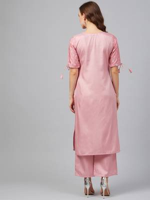 Pink printed art silk kurta set 2