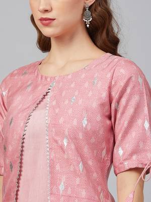 Pink printed art silk kurta set 4