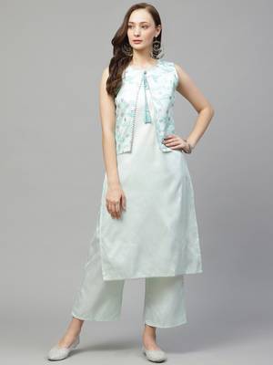 Green printed art silk kurta set 1