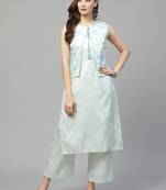 Green printed art silk kurta set