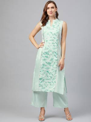 Green printed art silk kurta set 1