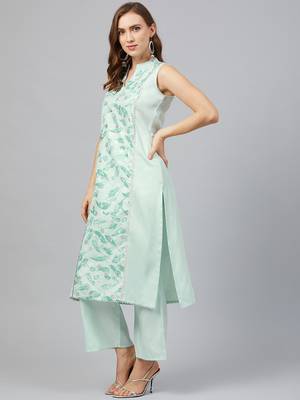 Green printed art silk kurta set 3