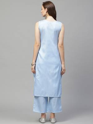 Sky-blue printed art silk kurta set 2