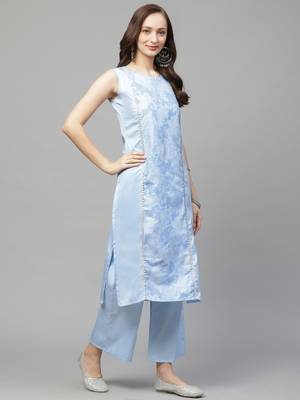 Sky-blue printed art silk kurta set 3