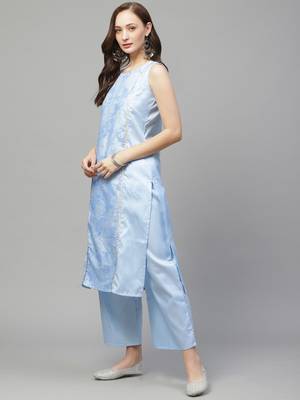 Sky-blue printed art silk kurta set 4