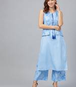 Sky-blue printed art silk kurta set