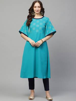 Teal-blue printed rayon kurta set 1