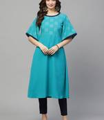 Teal-blue printed rayon kurta set