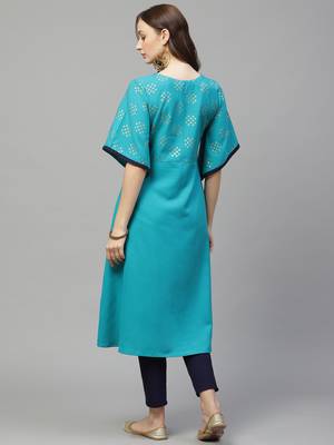 Teal-blue printed rayon kurta set 2