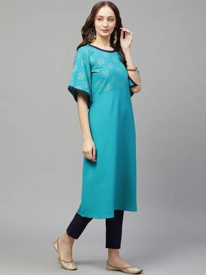Teal-blue printed rayon kurta set 3