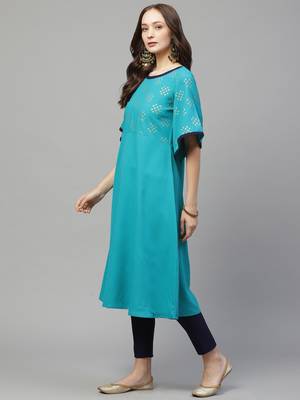 Teal-blue printed rayon kurta set 4
