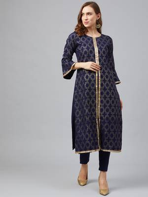 Navy-blue printed rayon kurta set 1