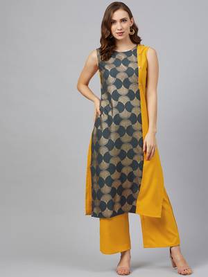 Mustard printed rayon kurta set 1