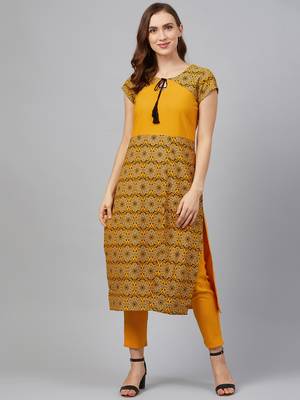 Mustard printed rayon kurta set 1