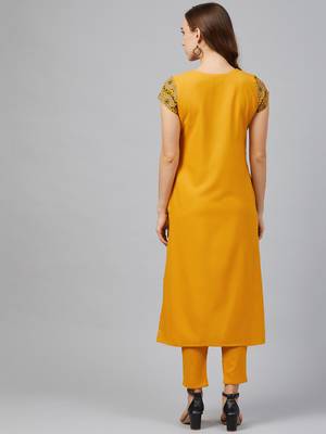 Mustard printed rayon kurta set 2