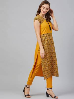 Mustard printed rayon kurta set 3