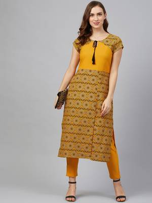Mustard printed rayon kurta set 4