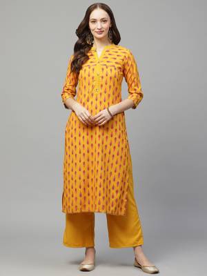 Mustard printed rayon kurta set 1