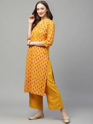 Mustard printed rayon kurta set 4
