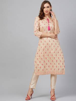 Cream printed art silk kurta set 1