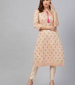 Cream printed art silk kurta set