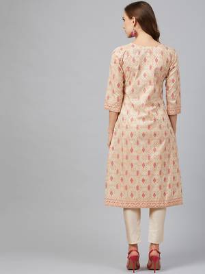 Cream printed art silk kurta set 2