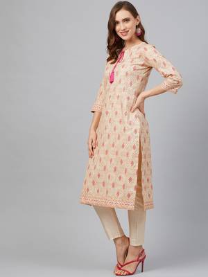 Cream printed art silk kurta set 3