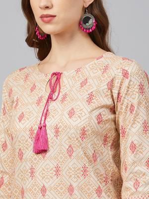 Cream printed art silk kurta set 4
