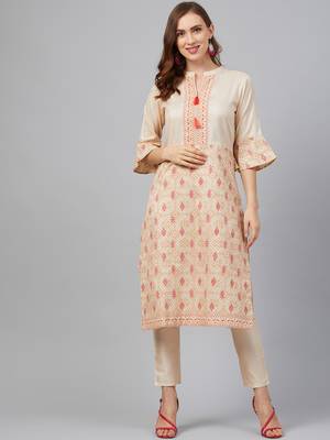 Cream printed art silk kurta set 1
