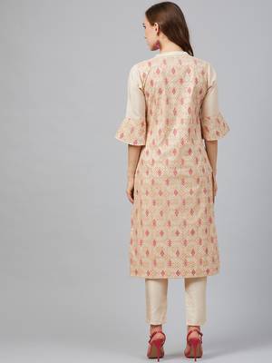 Cream printed art silk kurta set 2