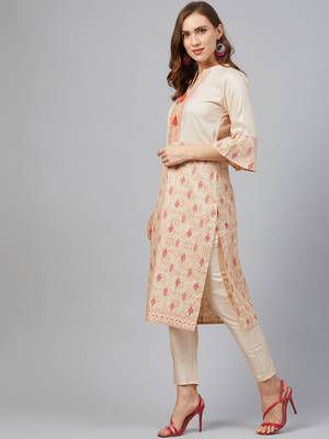 Cream printed art silk kurta set 3
