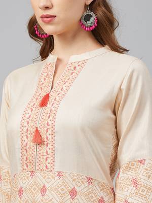 Cream printed art silk kurta set 4