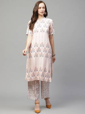 Beige printed rayon kurta set 1