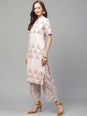 Beige printed rayon kurta set 4