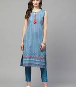 Blue printed art silk kurta set