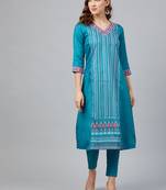 Blue printed art silk kurta set