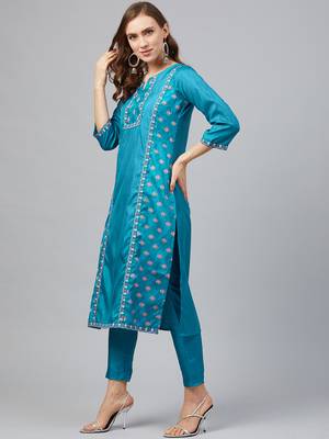 Blue printed art silk kurta set 4