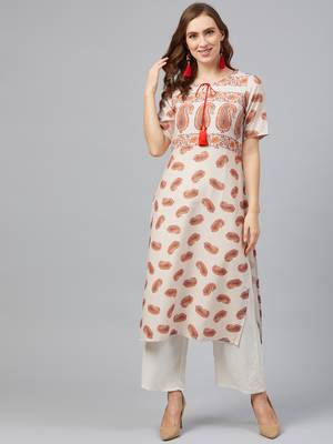Cream printed rayon kurta set 1