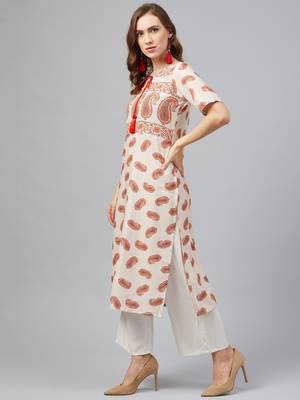 Cream printed rayon kurta set 3