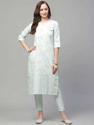 Green printed art silk kurta set 1
