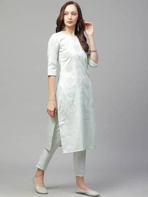 Green printed art silk kurta set 3