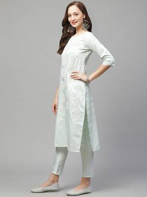 Green printed art silk kurta set 4