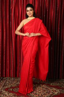Red plain blended cotton saree with blouse