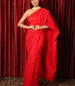 Red plain blended cotton saree with blouse